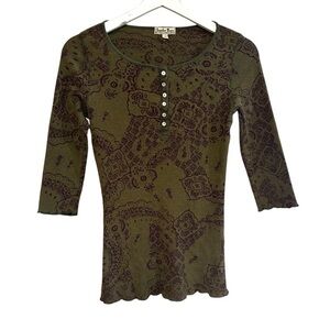 Vintage lucky brand XS waffle Henley paisley print 3/4‎ sleeve Made USA Pearl